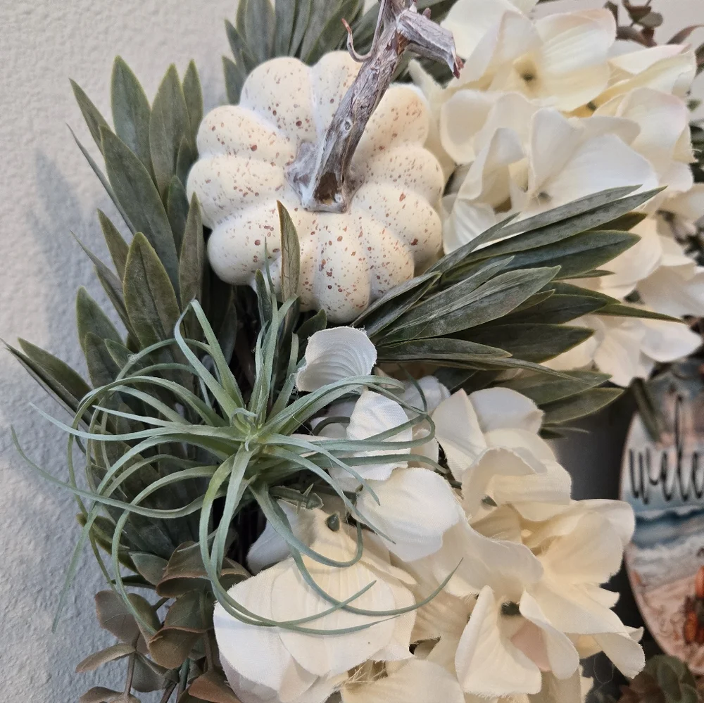 Autumn Coastal Welcome Wreath with Pumpkins, Shells, and Greenery